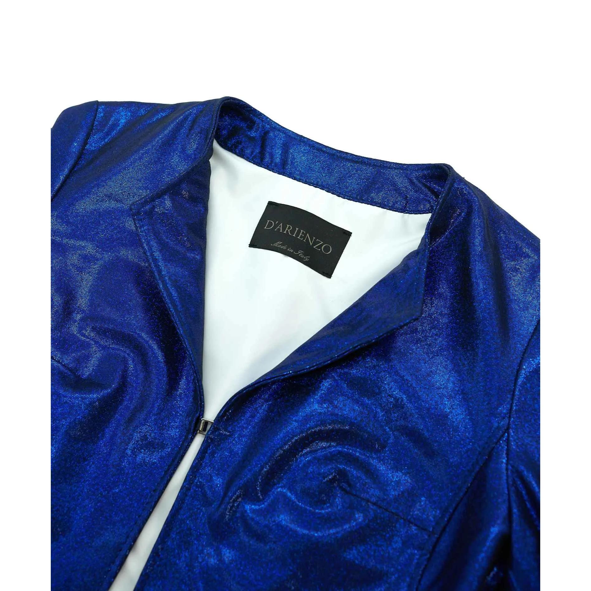 Giacca corta bolero in pelle laminata blu girocollo