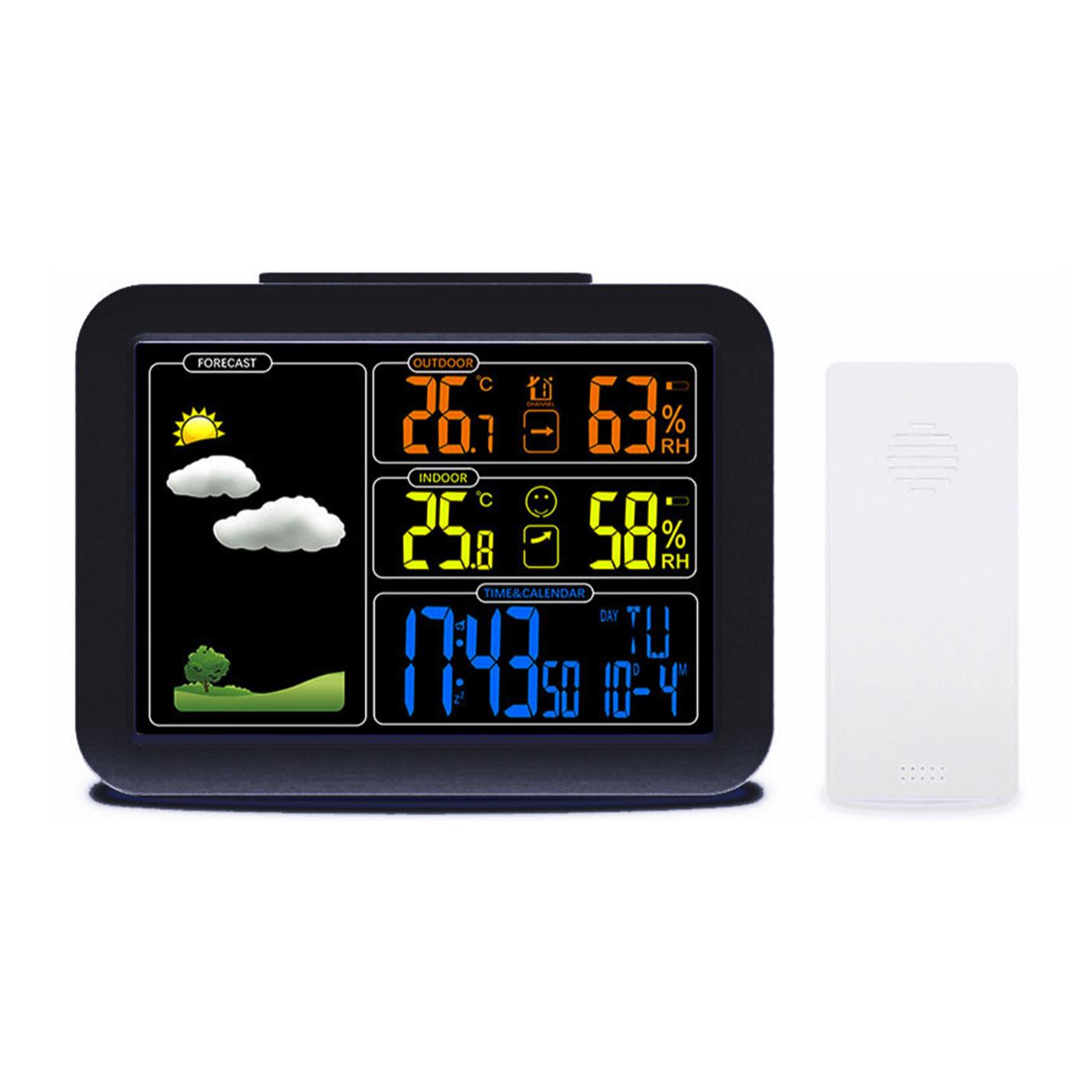 Stazione meteorologica automatica a colori ad alta precisione con barometro igrometro. Temperatura e umidità interne ed esterne. Include trasmettitore esterno.