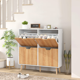 Zapatero Estrecho con 4 Cajones Abatibles, Zapatero Entrada Recibidor con Patas de Madera y Estantes Ajustables, para 16 Pares de Zapatos, para Pasillo, 95x26x95 cm, Natural y Blanco