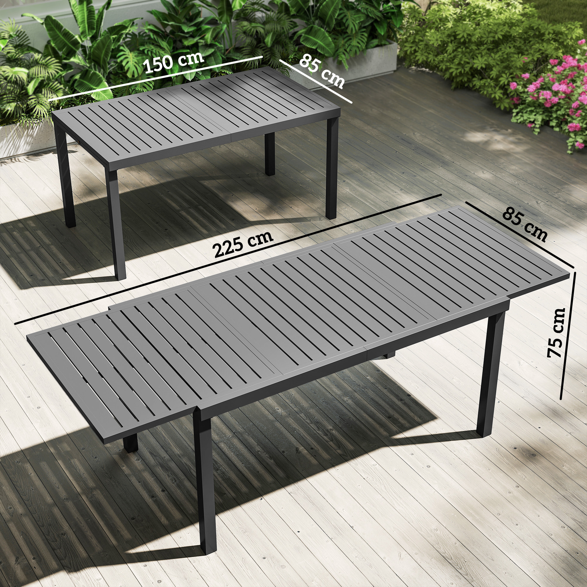 Mesa de Jardín Extensible 150/225x85x75 cm, Mesa de Comedor Exterior Extensible Rectangular de Aluminio, con Tablero de Listones para 6-8 Personas, para Patio, Terraza, Gris Oscuro