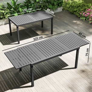 Mesa de Jardín Extensible 150/225x85x75 cm, Mesa de Comedor Exterior Extensible Rectangular de Aluminio, con Tablero de Listones para 6-8 Personas, para Patio, Terraza, Gris Oscuro