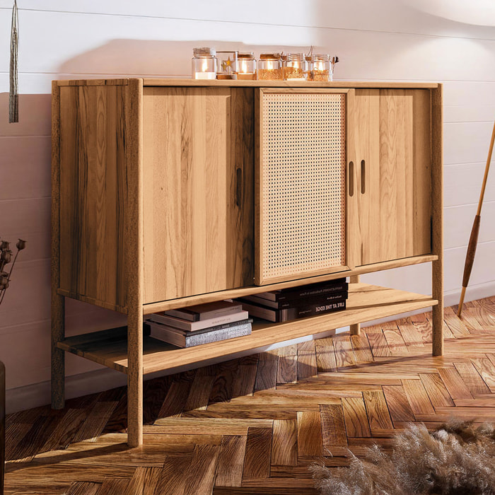 Buffet Bois Hêtre & Cannage Sogno, L.142 x P.46 x H.101 cm, Style Bohème Naturel