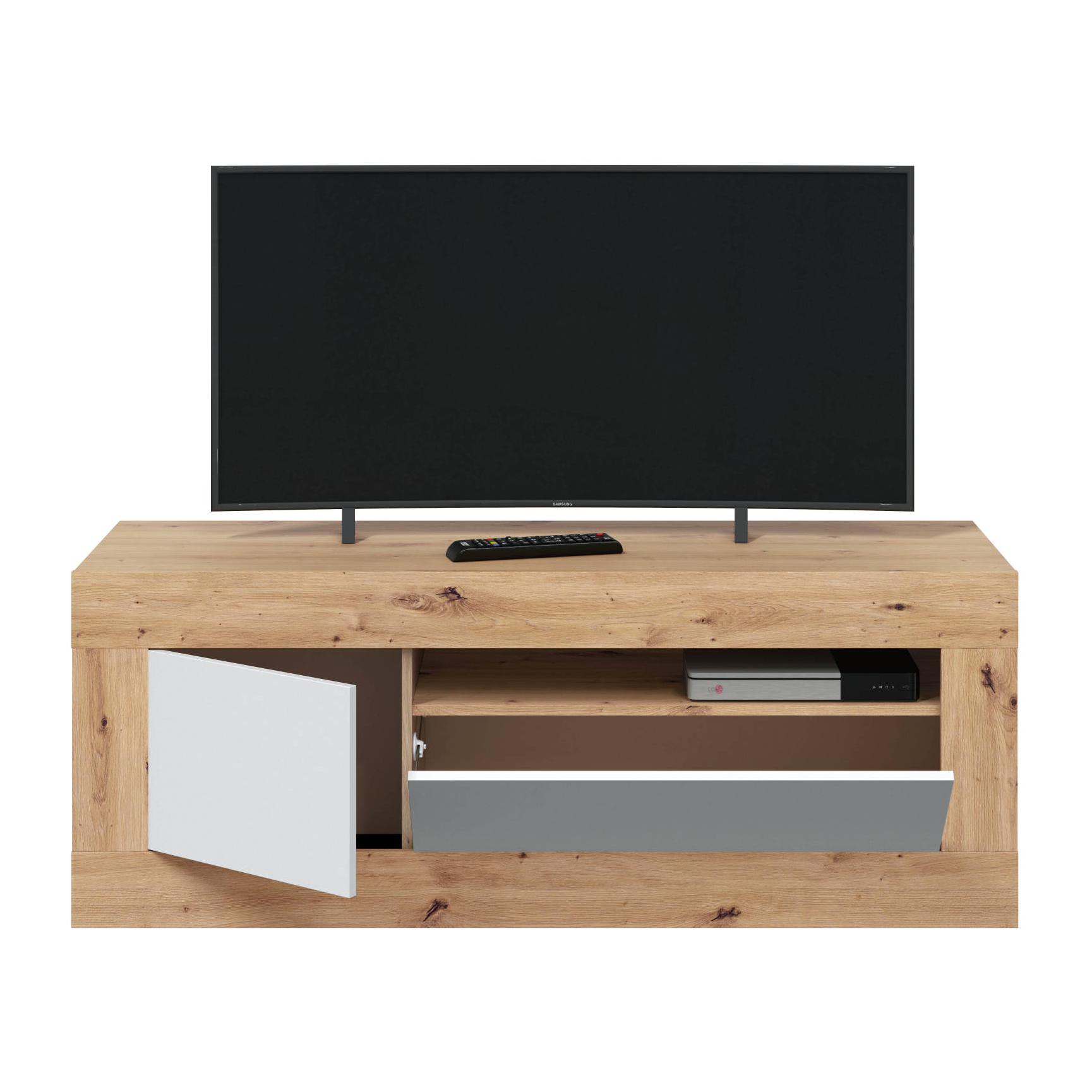 Mobile porta TV Killeen, Credenza per televisione da soggiorno, Supporto TV a 2 ante, cm 139x42h53, Rovere nodi e Bianco