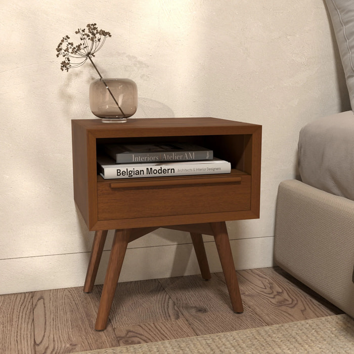 Table de chevet  en bois de teck, 1 niche et 1 tiroir - Waya