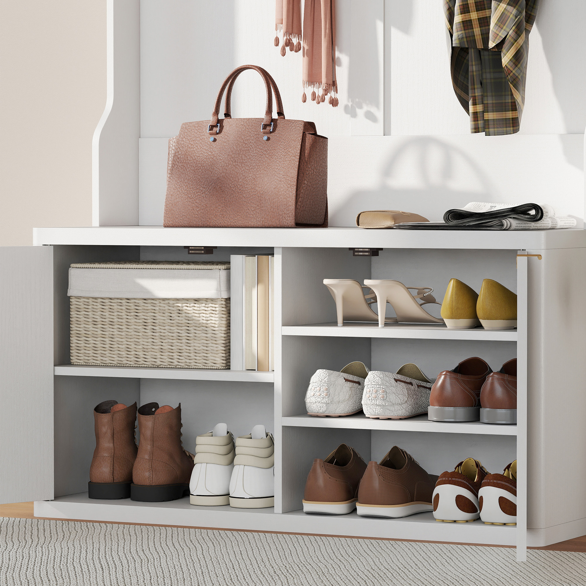 Perchero Zapatero, Perchero Recibidor con 2 Puertas, Estantes Abiertos, 6 Ganchos, para Pasillo, Dormitorio, Salón, Estilo Moderno, 100x38x172 cm, Blanco