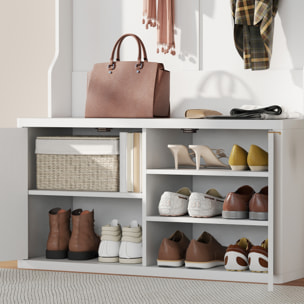 Perchero Zapatero, Perchero Recibidor con 2 Puertas, Estantes Abiertos, 6 Ganchos, para Pasillo, Dormitorio, Salón, Estilo Moderno, 100x38x172 cm, Blanco