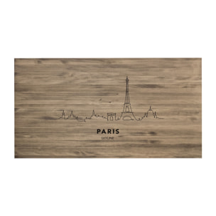 Cabecero de madera maciza estampado motivo Paris Skyline en tono roble oscuro de varias medidas