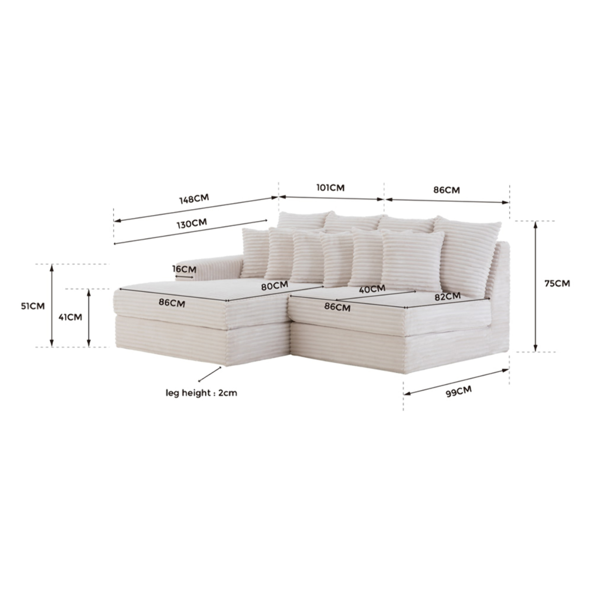 KENDARI Canapé d'angle 2/3 places assise profonde en velours côtelé terracotta