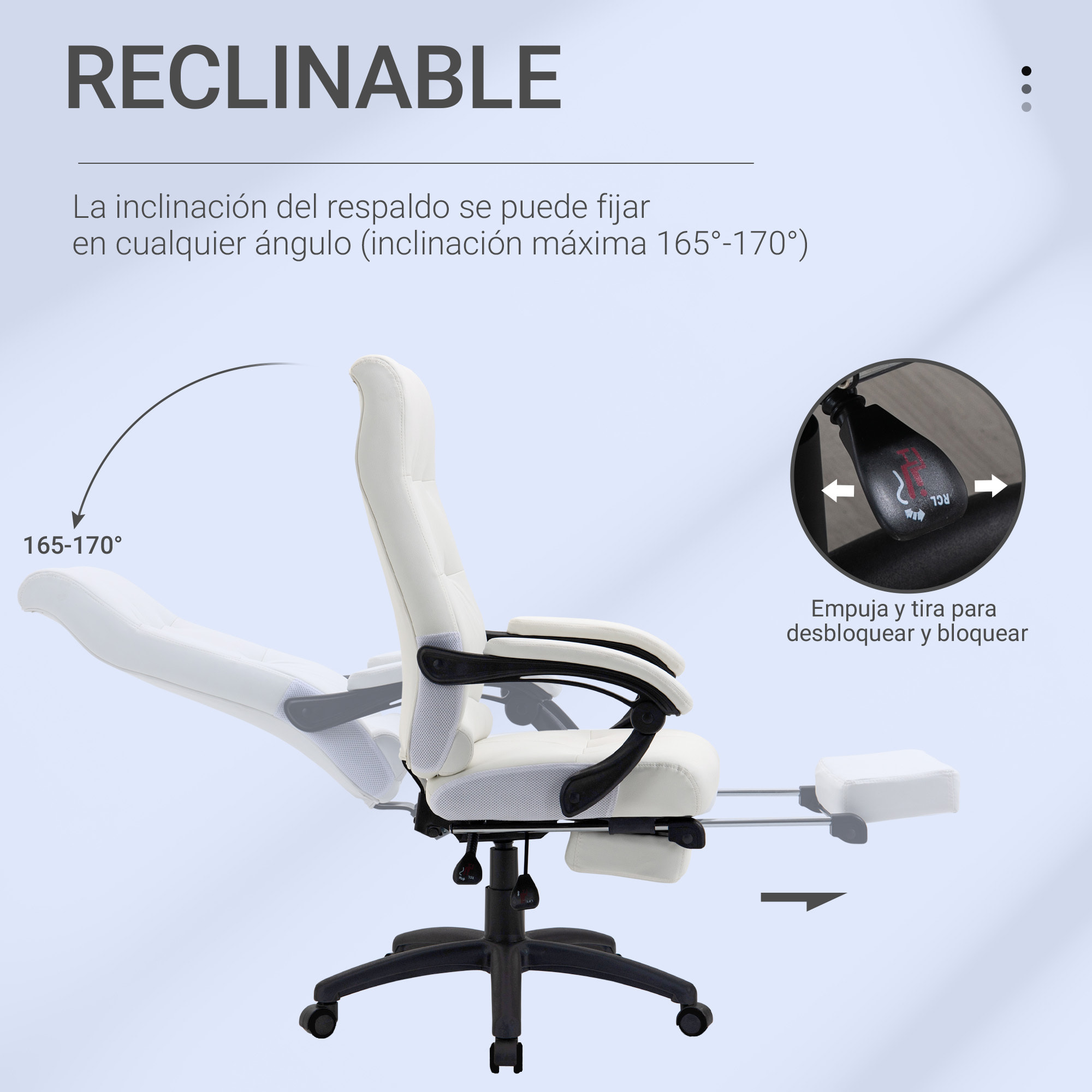 Vinsetto Silla de Oficina Ergonómica Silla de Escritorio Giratoria con Altura Ajustable Función de Inclinación Reposabrazos y Reposapiés Piel Sintética 65x65x118-125 cm Blanco