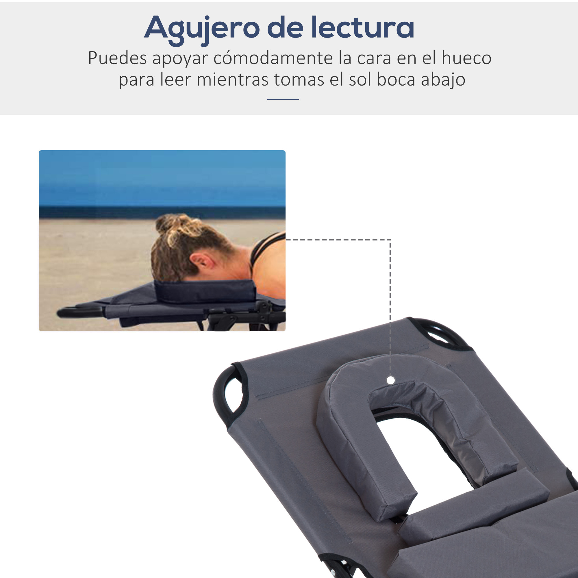 Juego de 2 Tumbonas Plegables Tumbonas de Jardín con Respaldo Ajustable en 4 Posiciones Orificio de Lectura y Almohada para Camping Playa Terraza 190x56x28 cm Gris
