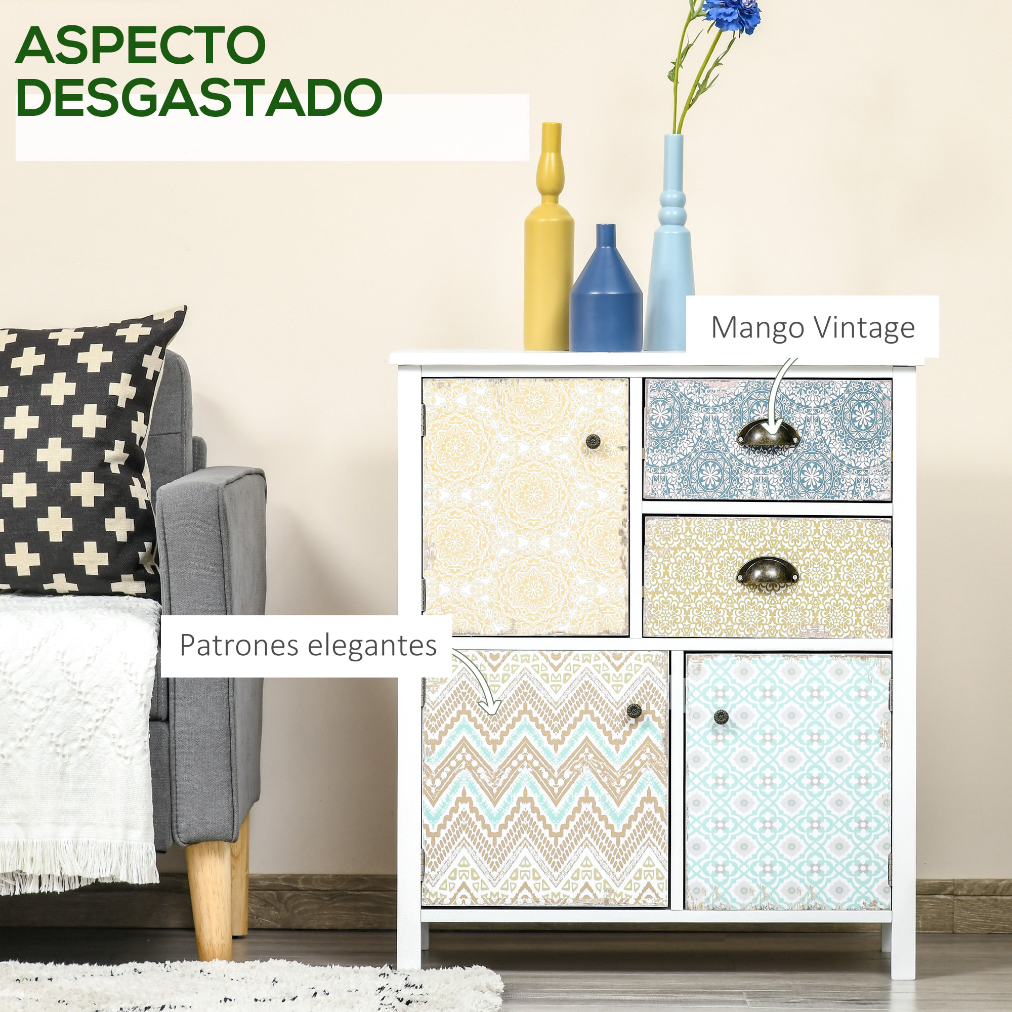 Cómoda con 2 Cajones Cómoda para Dormitorio Estilo Bohemio con 3 Compartimentos Diseño Anti-vuelco para Salón Pasillo 68x34x80 cm Blanco
