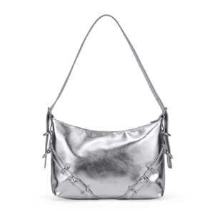 Bolso de hombro plateado con hebillas y cremallera