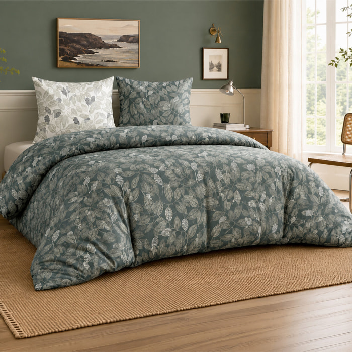 Parure housse de couette 100% percale de coton motif feuilles - EMERIDE