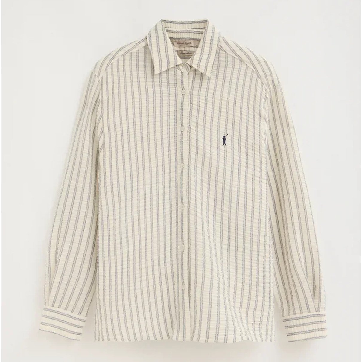 Camicia a righe blu marino effetto stropicciato, fit ampio e ricamo Rigby Go