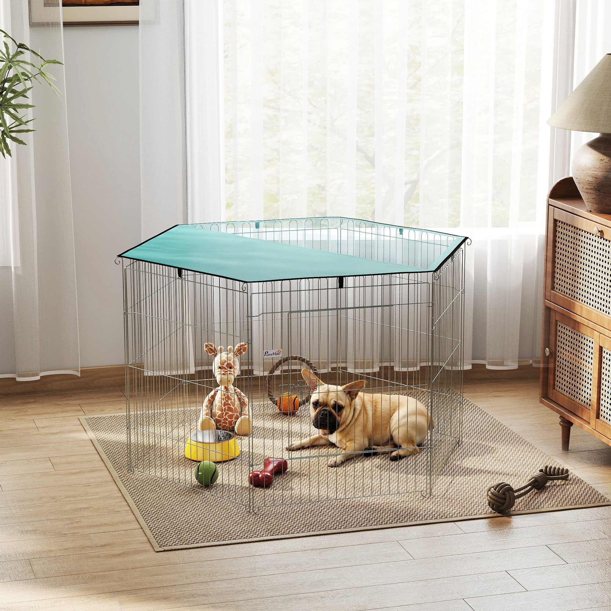 Parc pour chien  6 panneaux - avec toit, modulable et pliable - 76H cm - avec porte - intérieur et extérieur - argent vert