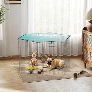 Parc pour chien  6 panneaux - avec toit, modulable et pliable - 76H cm - avec porte - intérieur et extérieur - argent vert