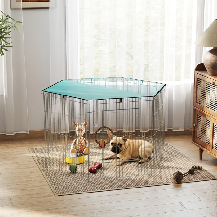 Parc pour chien  6 panneaux - avec toit, modulable et pliable - 76H cm - avec porte - intérieur et extérieur - argent vert