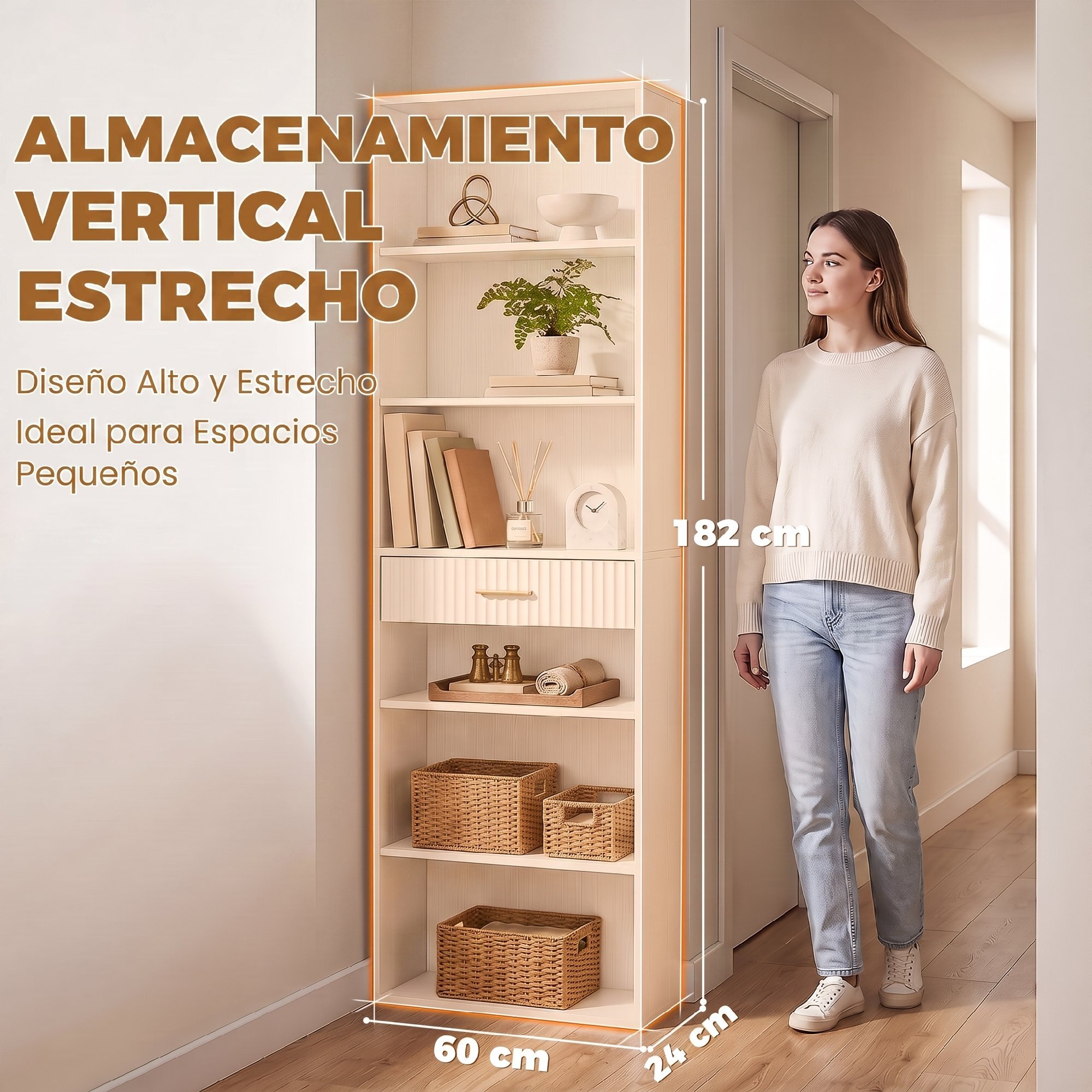 Estantería para Libros Alta y Estrecha, Librería de 7 Niveles con Cajón, 6 Compartimentos Abiertos, Armario para Salón, Estudio, Oficina, 60x24x182 cm, Blanco