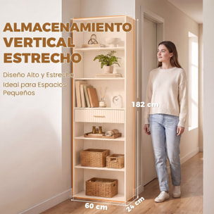 Estantería para Libros Alta y Estrecha, Librería de 7 Niveles con Cajón, 6 Compartimentos Abiertos, Armario para Salón, Estudio, Oficina, 60x24x182 cm, Blanco