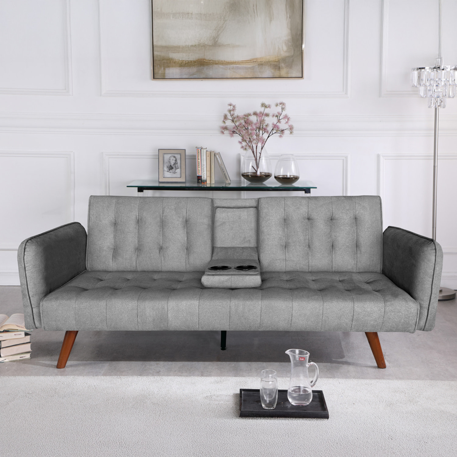 PERTH Canapé 3 places convertible en velours avec tablette centrale rabattable gris