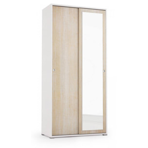 Guardaroba Tulipano, Armadio a 2 ante scorrevoli e specchio, Mobile con barra appendiabiti e ripiani, 100% Made in Italy, Cm 90x45h195, Rovere e Bianco