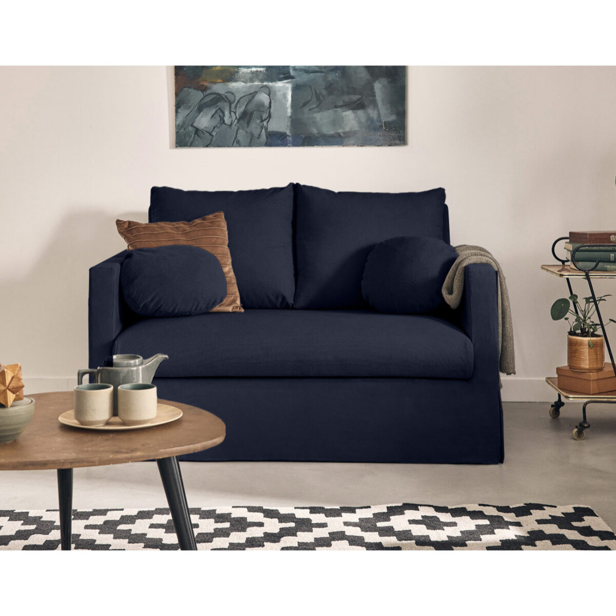 Serena - canapé droit déhoussable 2 places en tissu - Bleu marine
