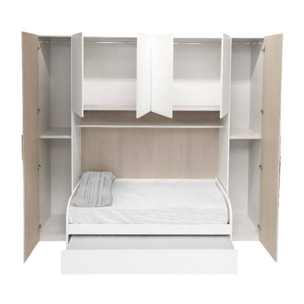 Cameretta completa di armadio a 6 ante e divano letto con secondo letto estraibile, mensola abbinata, doghe incluse, Made in Italy, cm 293x90x247, colore Bianco e Olmo