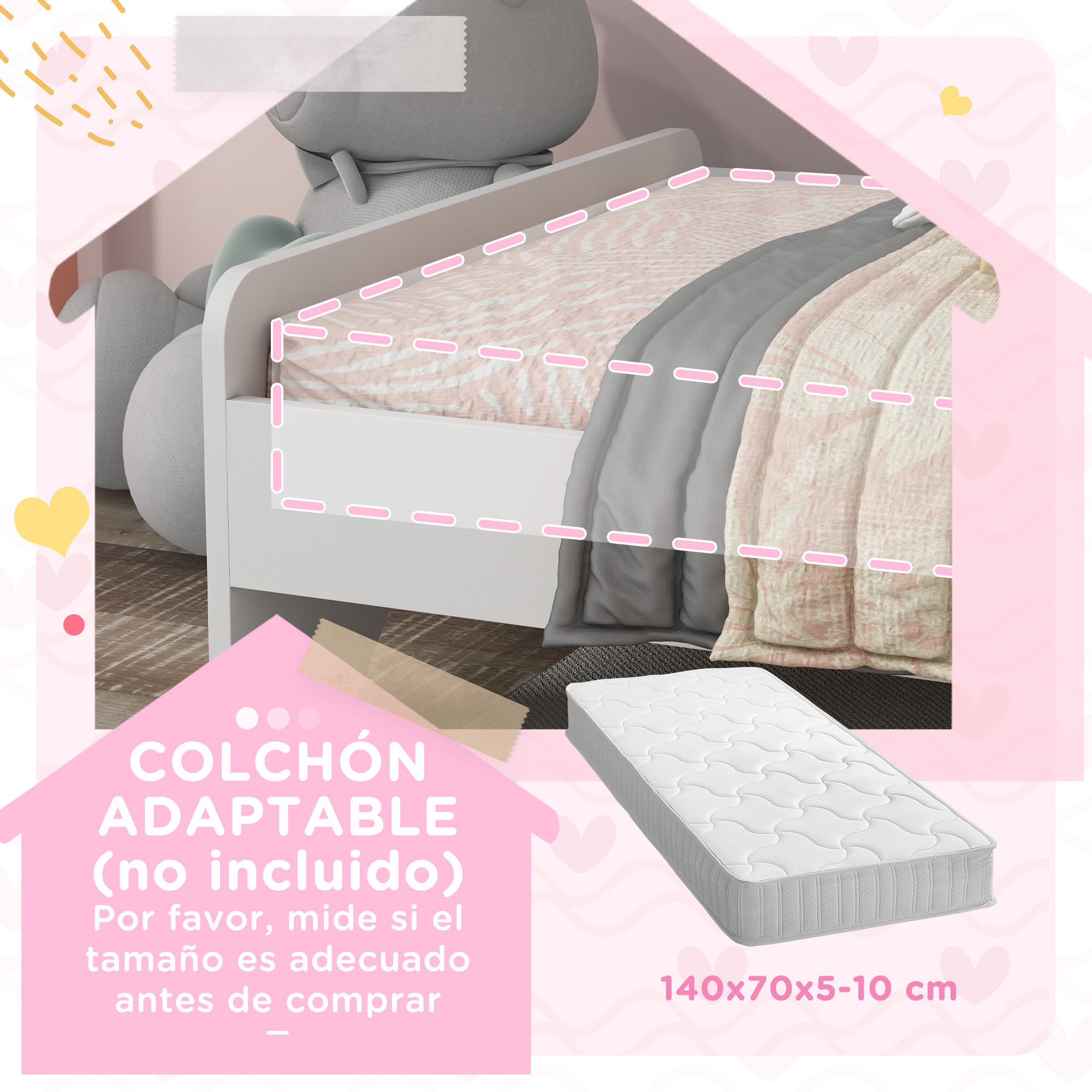 Cama para Niños de 3-6 Años 143x74x67 cm Cama Infantil de Madera en Forma de Unicornio Mueble de Dormitorio Moderno Carga 80 kg Blanco