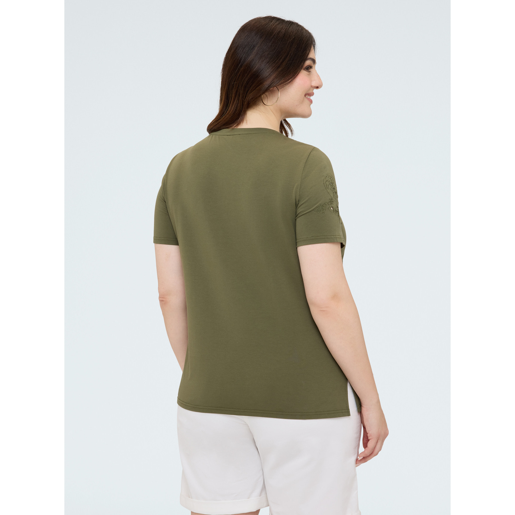 Fiorella Rubino - T-shirt in cotone con pizzo e borchie - Verde militare