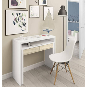 Consolle Billings, Scrivania con piano estensibile, Scrittoio porta PC con 2 cassetti, cm 99x36h88, Bianco e Rovere