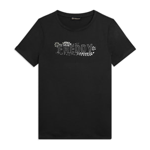 T-shirt Manica Corta con Decori Floreali e Borchie