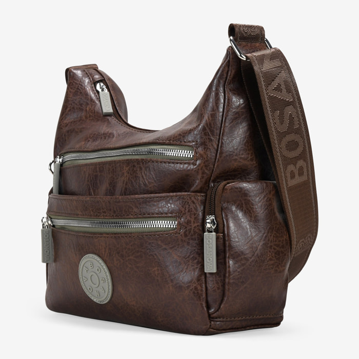 Bolso bandolera marrón con cremalleras verdes