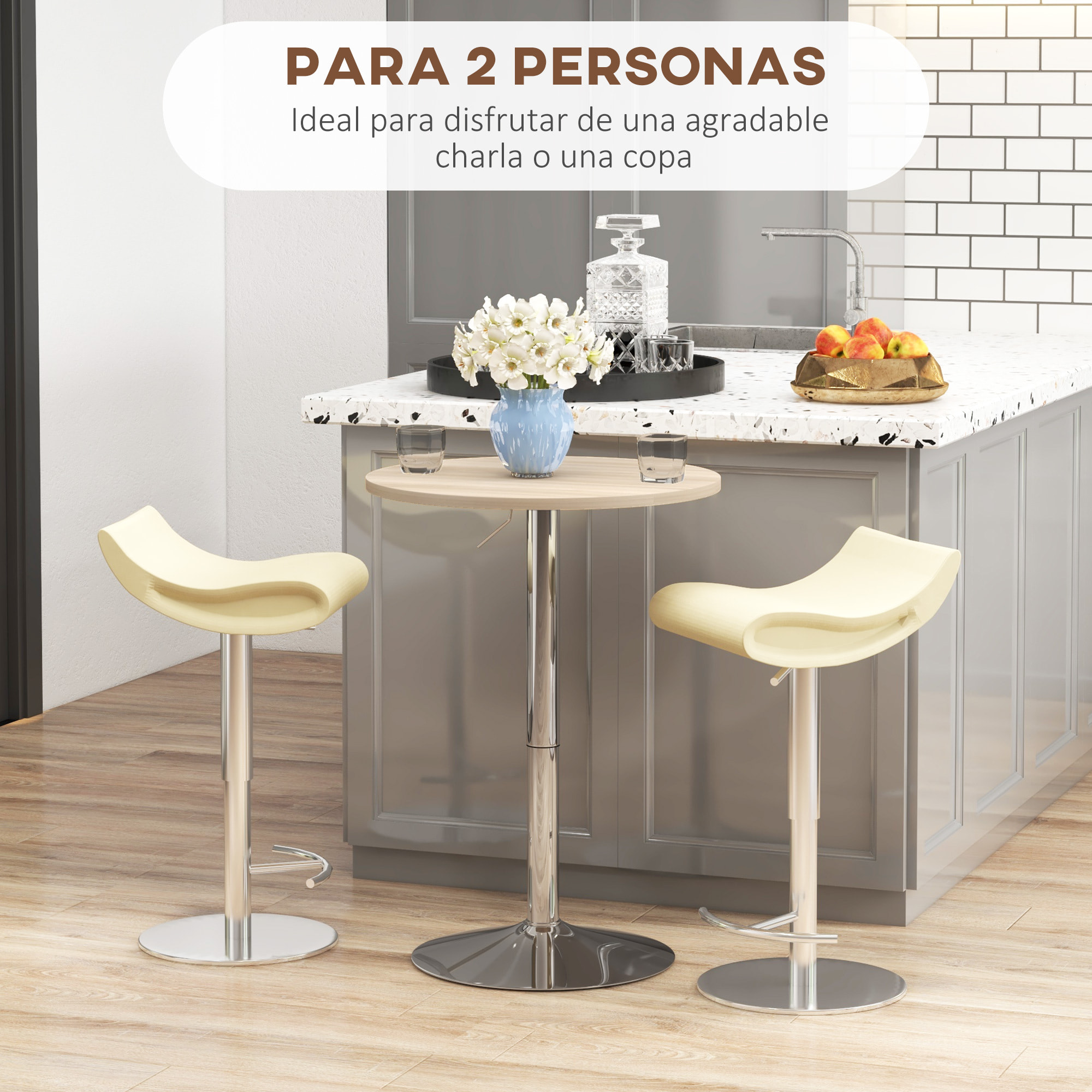 Mesa Alta Cocina, Mesa Alta Bar Redonda para 2 Personas, Altura Ajustable 69-91 cm, Tablero Giratorio 360°, Base de Acero, para Salón, Comedor, Cocina, 60x60x91 cm, Roble Claro