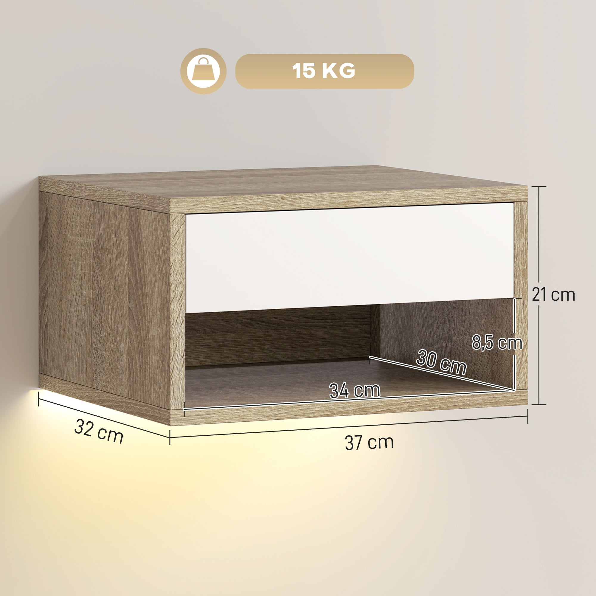 Juego de 2 Mesitas de Noche Flotantes con Luces LED RGB Control de APP, Mesillas de Noche Dormitorio con Cajón, Estante Abierto, para Sala de Estar, 37x32x21 cm, Natural y Blanco