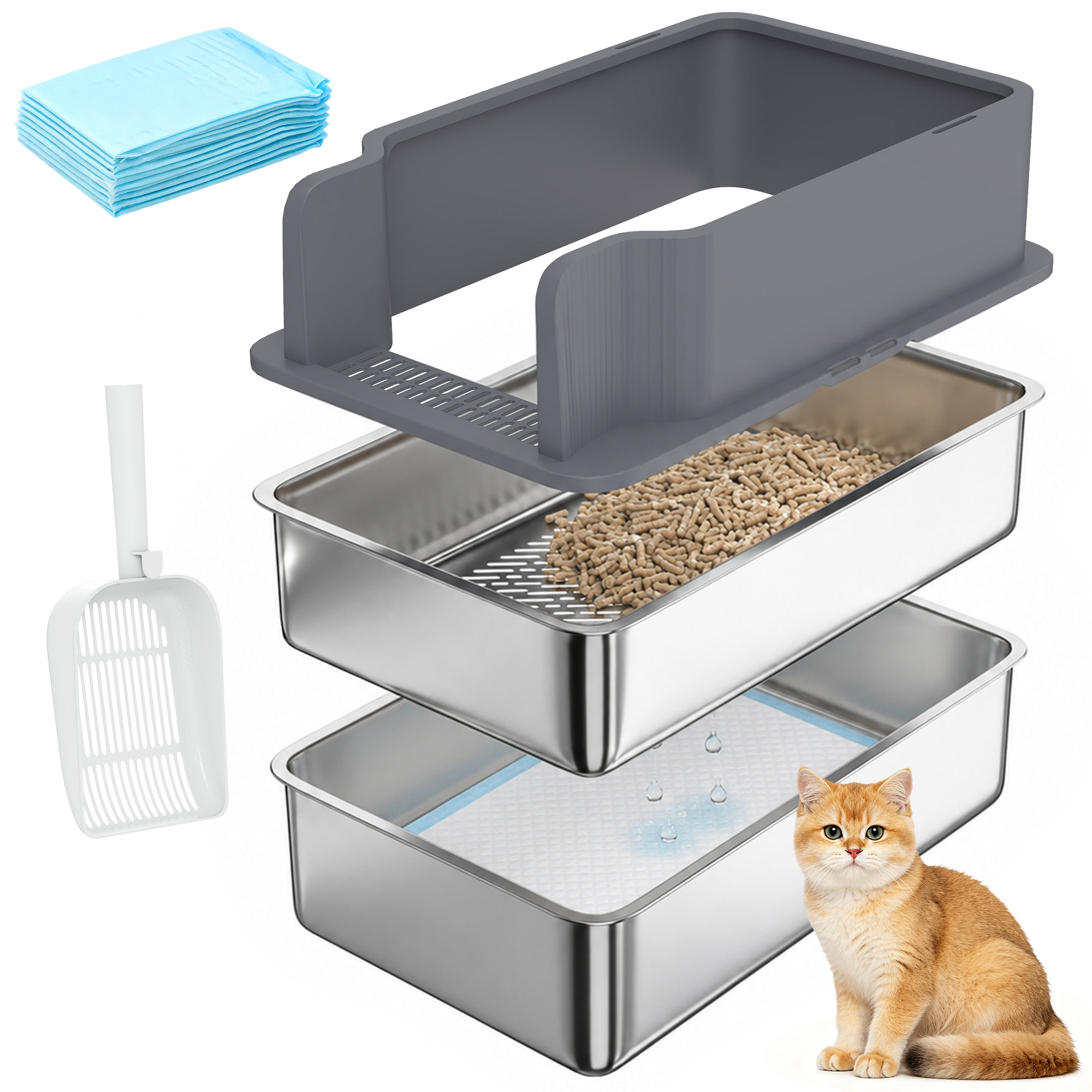 Arenero para Gatos de Acero Inoxidable L con Bandeja de Tamizado, Caja de Arena, Borde Alto, Pala, 10 Empapadores, Pellets de Pino +6 mm, Fácil de Limpiar, Antifugas, Antiadherente, Gris Oscuro