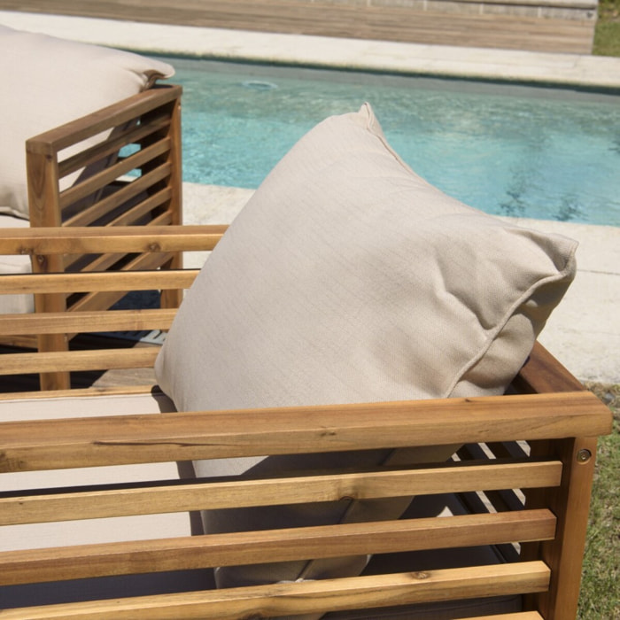 VICK - SALON DE JARDIN EN BOIS ACACIA 5 pers. - 1 Canapé 3 places, 2 fauteuils et 1 table basse rectangulaire 100 x 60 cm