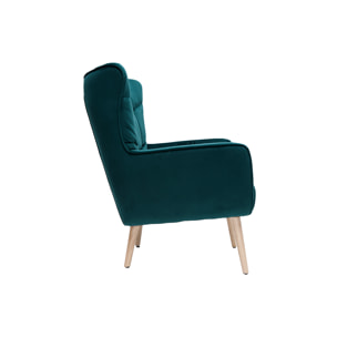 Fauteuil scandinave en tissu velours bleu pétrole et bois clair AVERY