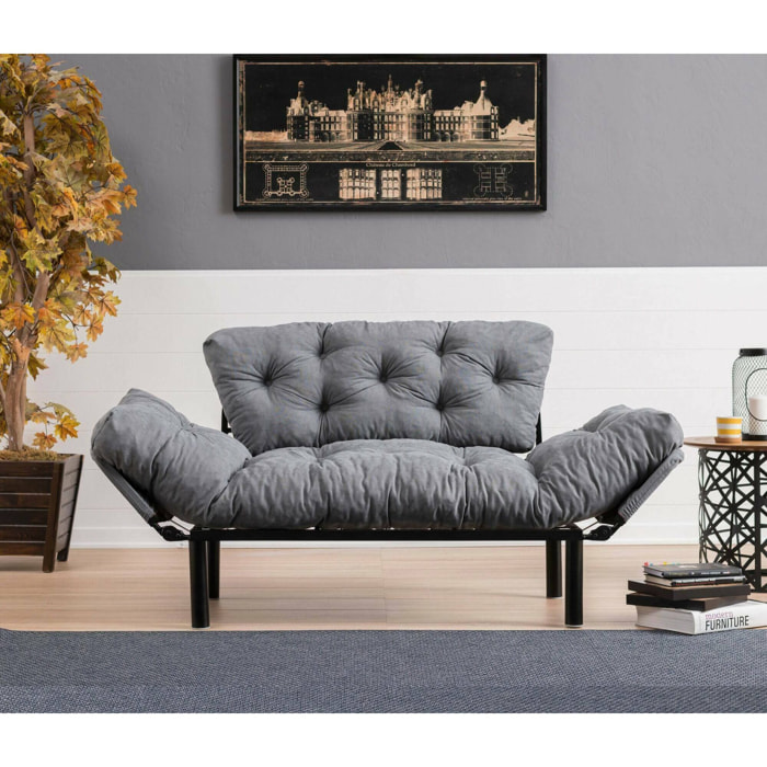 Divano letto 2 posti Guchol, Sofà trasformabile, Divanetto per ospiti, Poltrona letto contenitore, 155x70 h85 cm, Grigio