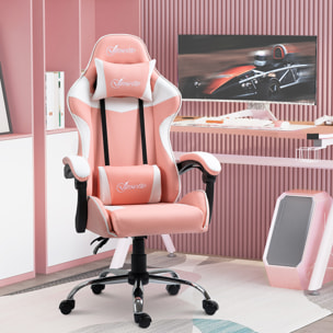 Silla Gaming Ergonómica Silla de Escritorio Racing Giratoria con Altura Ajustable Reclinable de 135° Reposacabezas y Cojín Lumbar para Oficina Estudio 63x67x122-130 cm Rosa