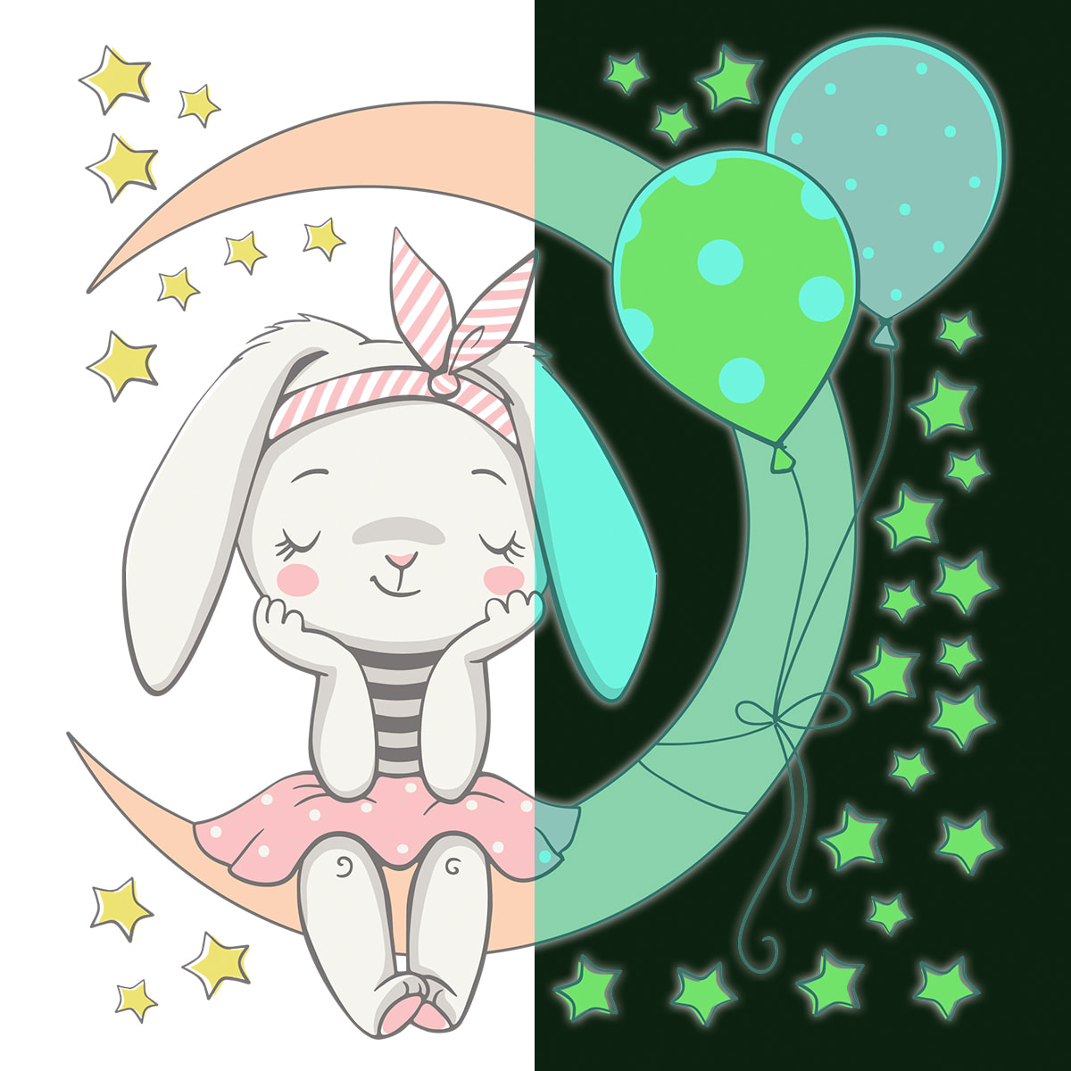 Sticker phosphorescent lumineux - LAPIN ASSIS SUR LA LUNE ET 30 ÉTOILES