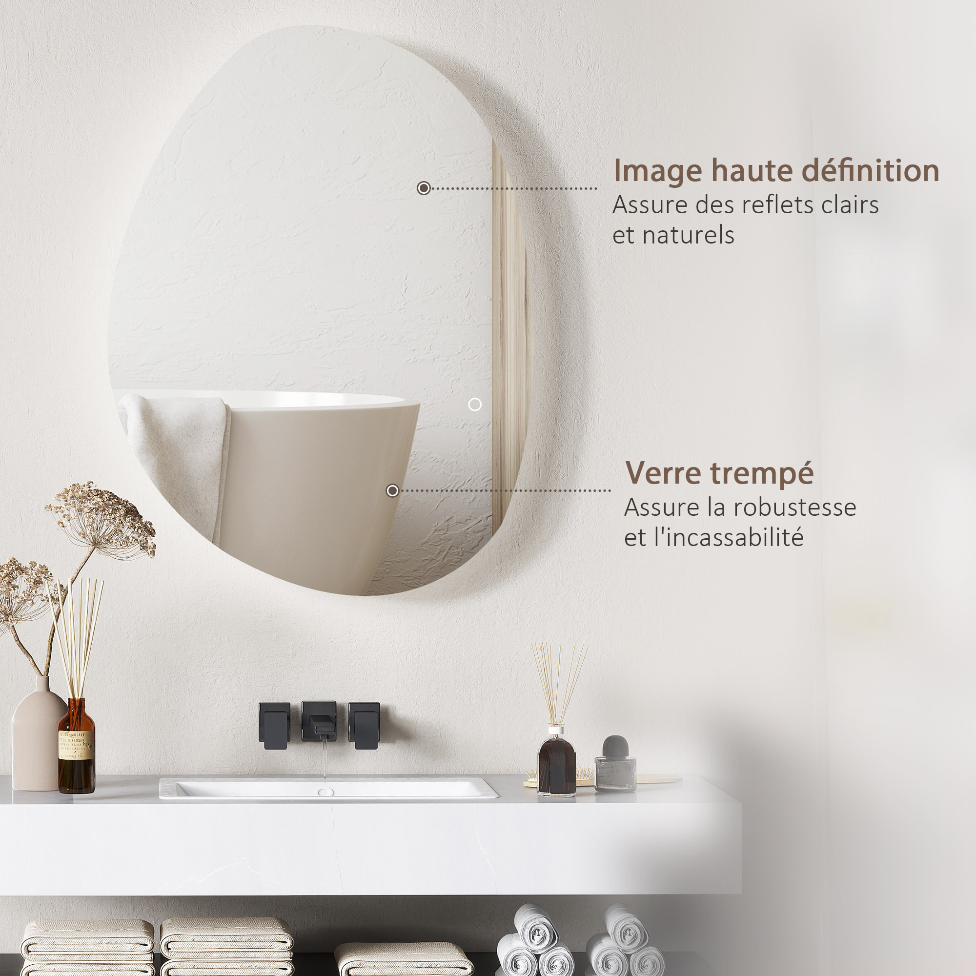 Miroir LED salle de bain réglable 27W - miroir organique 80 x 60 cm - anti-buée tactile - verre trempé
