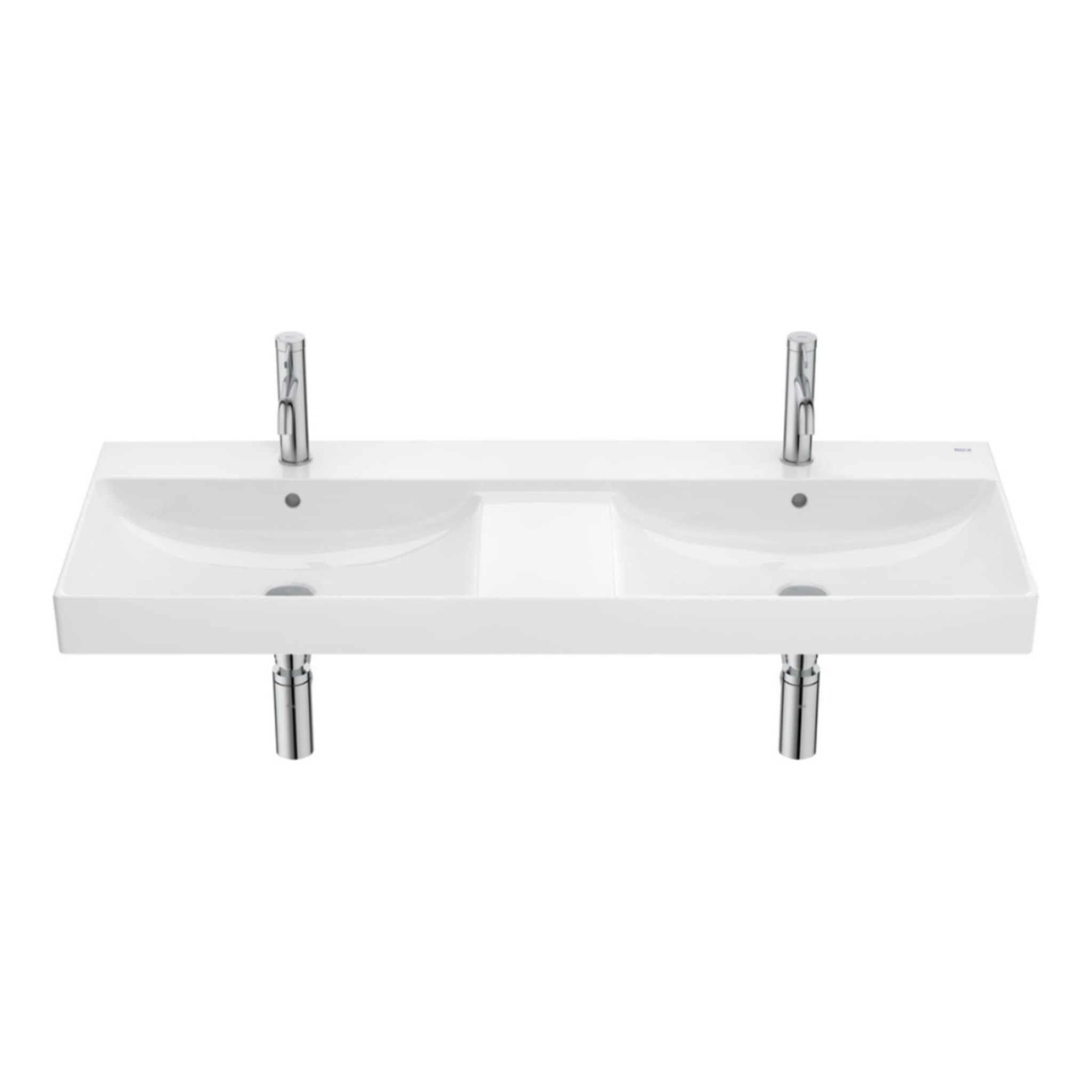 Ona 120x46x16 cm lavabo suspendu double vasque en céramique, 2 trous de robinetterie au milieu, trop-plein, blanc (A32768B000)