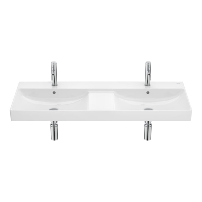 Ona 120x46x16 cm lavabo suspendu double vasque en céramique, 2 trous de robinetterie au milieu, trop-plein, blanc (A32768B000)