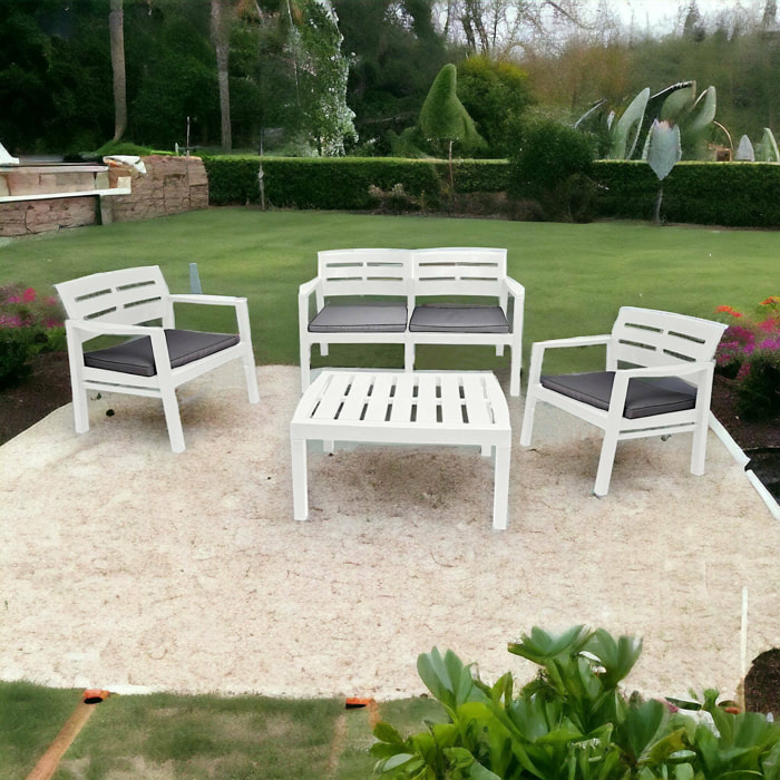 Set salotto da esterno Massa, Set da giardino con 2 poltrone, 1 divano ed 1 tavolino, Salottino indoor e outdoor con cuscini, 100% Made in Italy, Bianco