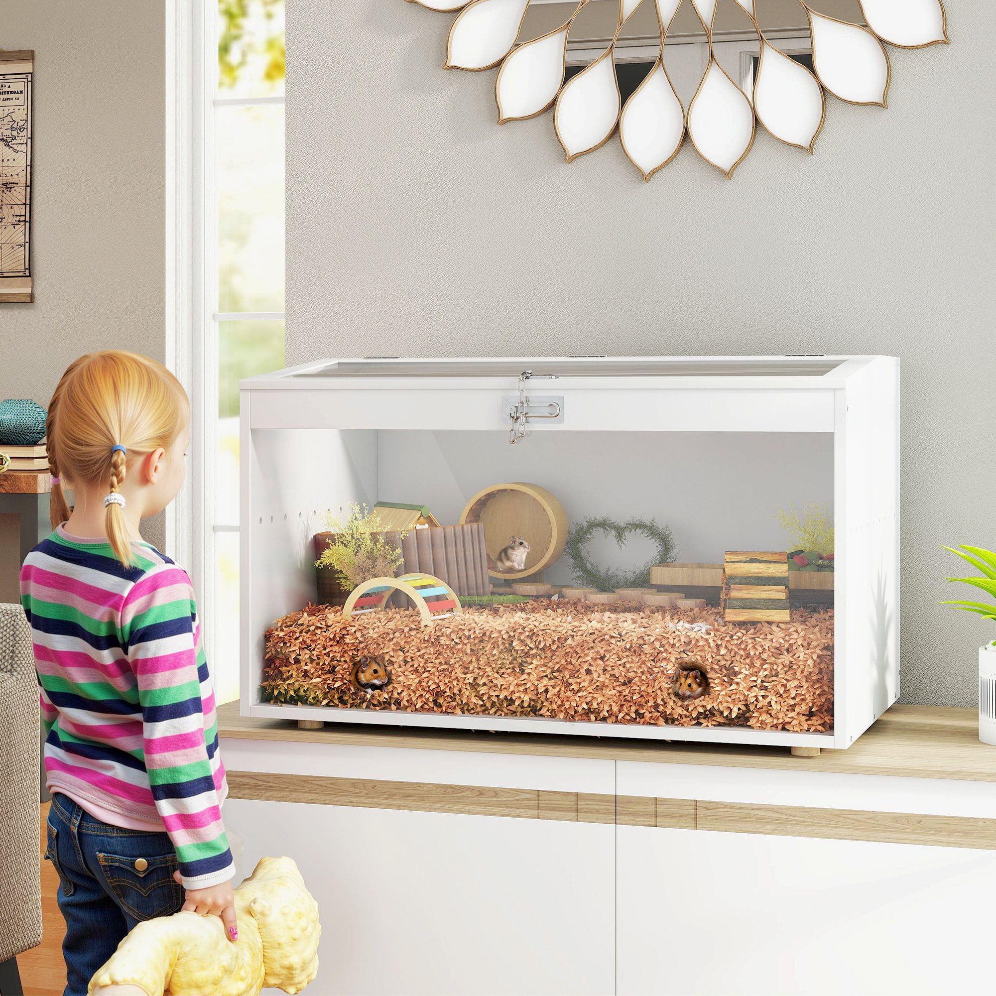 Jaula para Hámster Casa para Animales Pequeños con Tapa Abatible y Ventana de Acrílico Transparente para Hámsteres Enanos Jerbos Pequeños 80x50x50 cm Blanco