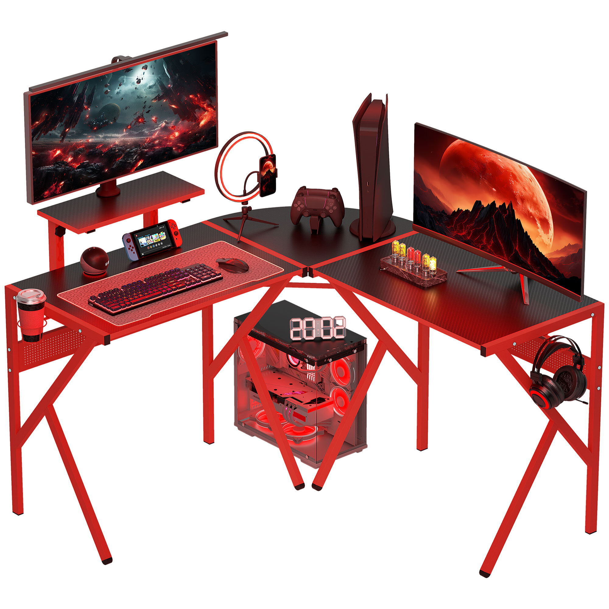 Bureau gaming d'angle bureau gamer bureau informatique bracket casque porte-gobelet étagère écran réglable métal panneaux texture carbone noir rouge