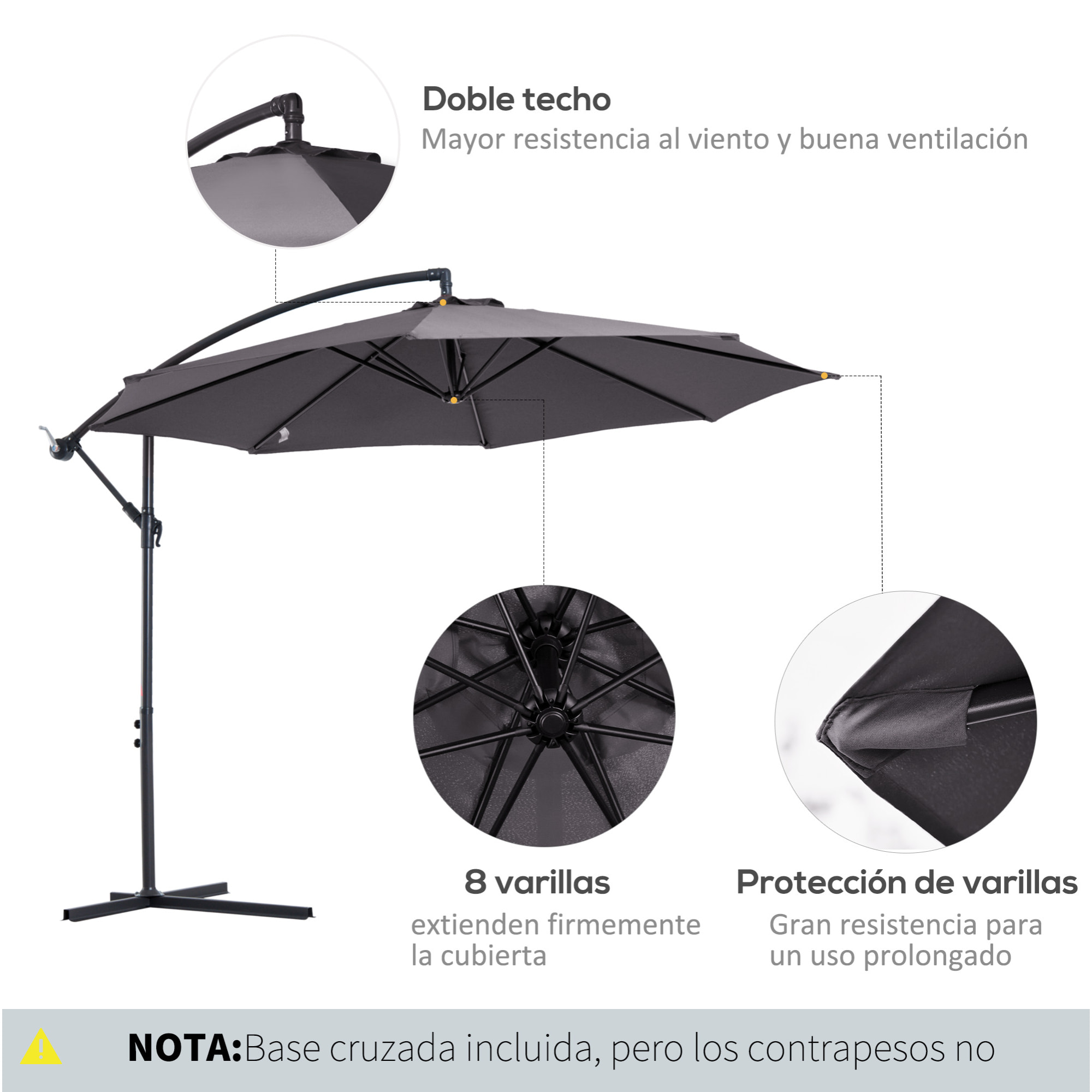 Sombrilla de Jardín Ø300x250 cm Parasol Excá©ntrico Inclinable con Manivela Base Cruzada y Soporte de Acero Protección Solar para Terraza Exterior Gris