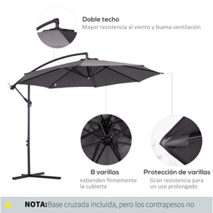 Sombrilla de Jardín Ø300x250 cm Parasol Excá©ntrico Inclinable con Manivela Base Cruzada y Soporte de Acero Protección Solar para Terraza Exterior Gris