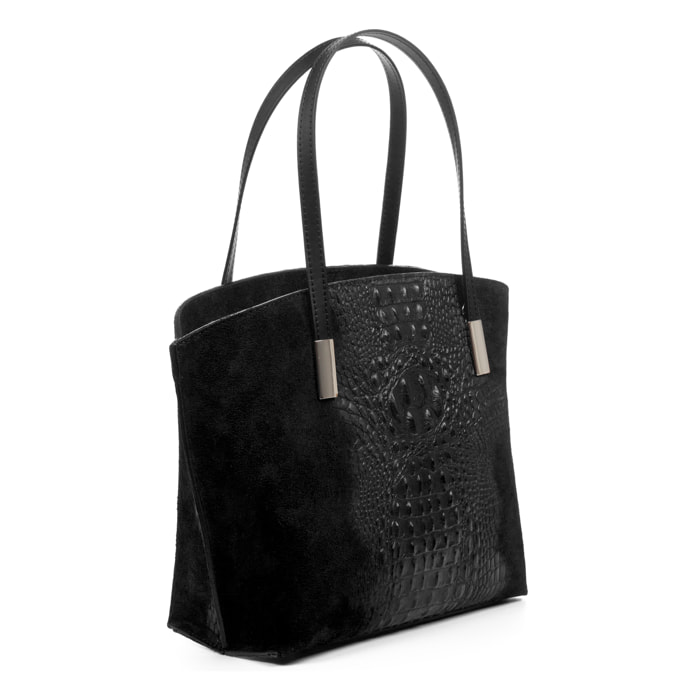 Borsa Ada da donna. Vera pelle scamosciata goffrata coccodrillo.