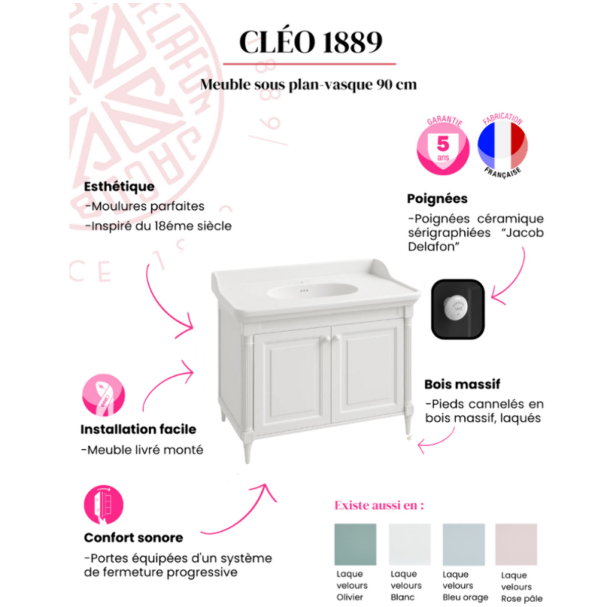 Pack meuble vasque Cléo 1889 blanc velours + colonne gauche + miroir + mitigeur chrome